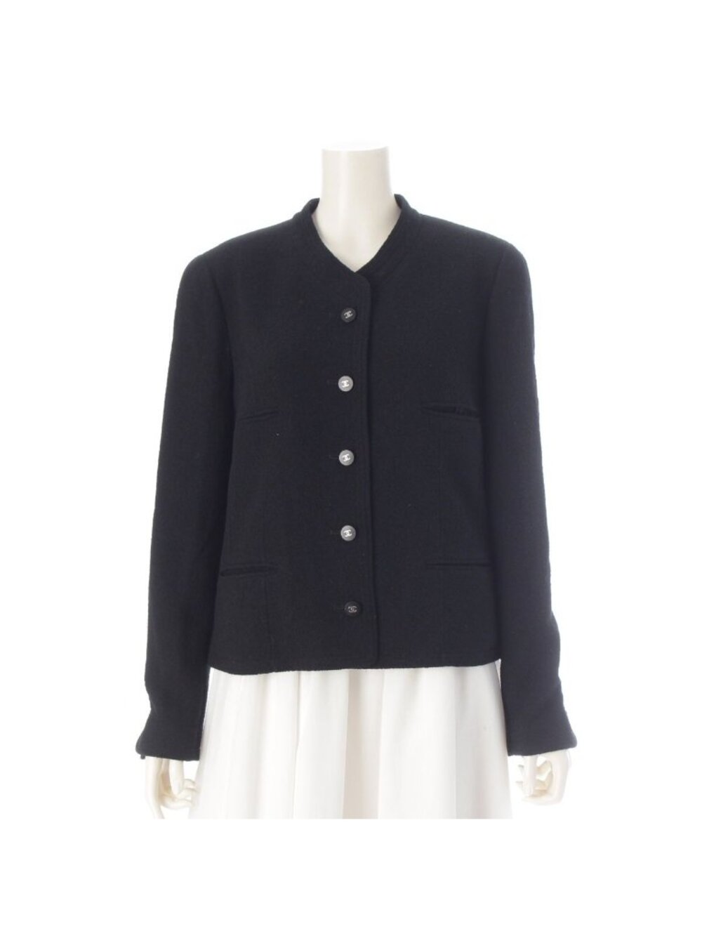 Chanel 96P Wool Coco Buttons Lining Logo Print Collarless Jacket Black 42